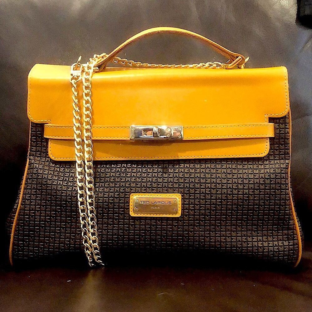 TED LAPIDUS Caramel Leather Top Handle & Monogram Logo Vinyl Crossbody Satchel